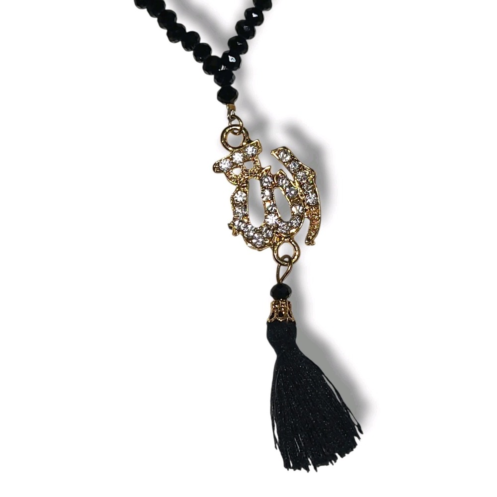 Black Crystal Bead Gold Tone Rhinestone Arabic Allah Tassel Pendant Necklace 34"